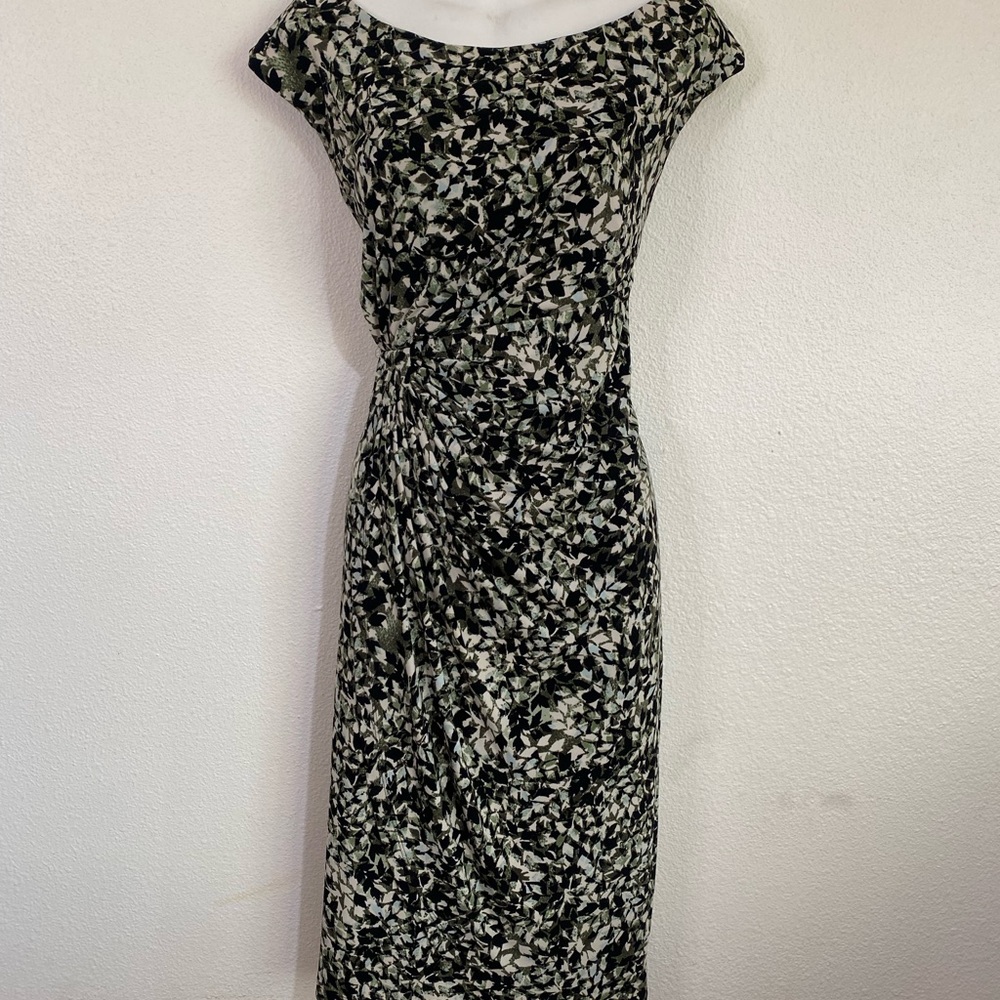 Connected Apparel Green, Black & White Boat Neck Cap Sleeve Midi Dress
